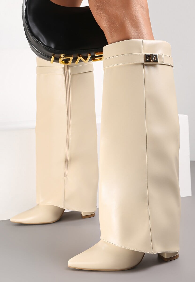 Brązowe Kozaki na Obcasie z Modnie Wywiniętą Cholewką Nartani