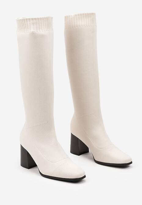 Beżowe Kozaki na Słupku ze Elastyczną Cholewką Ellitra