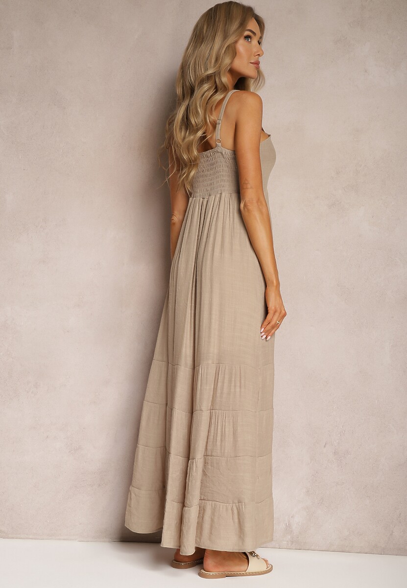 Beżowa Sukienka z Dodatkiem Bawełny na Ramiączkach z Regulacją oraz Gumką z Tyłu Tinanoras