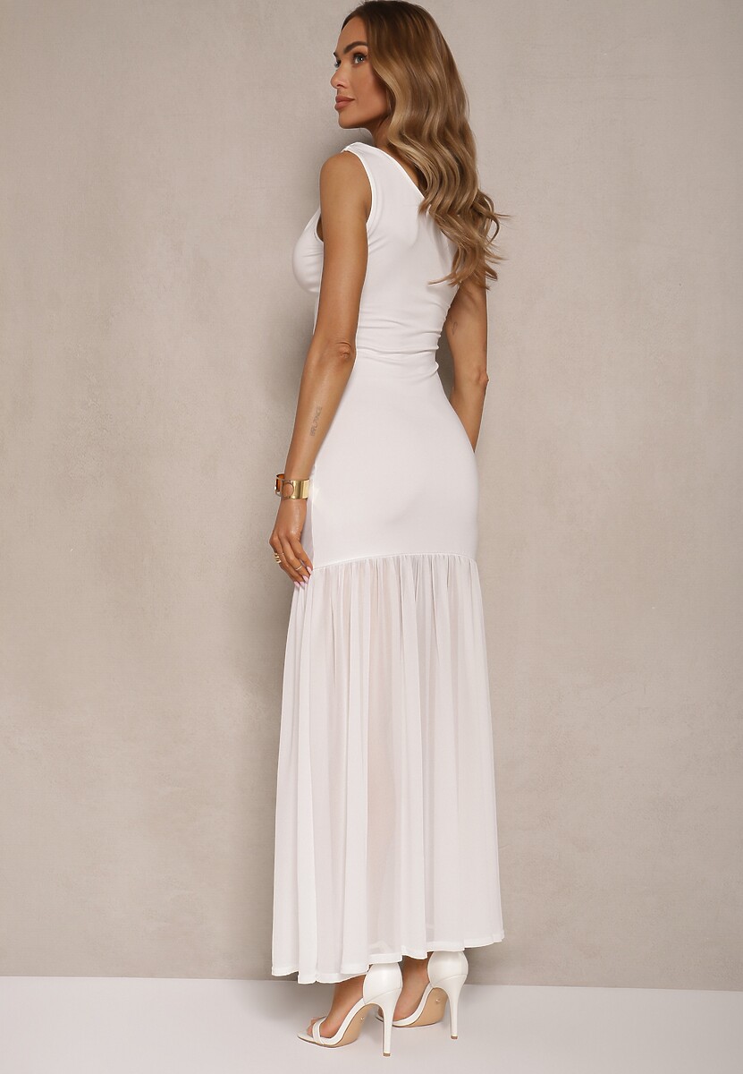 Biała Sukienka Koktajlowa z Wiskozą i Marszczeniem Galoriella