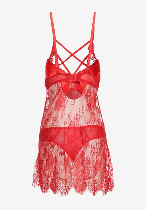 Czerwona Prześwitująca Koszula Nocna Koronkowa ze Stringami Arinth