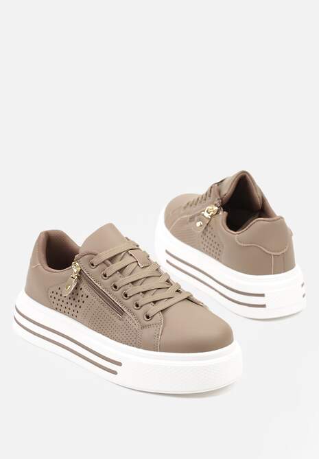 Beżowe Sneakersy na Platformie Ozdobione Suwakiem i Perforacją Gioseria