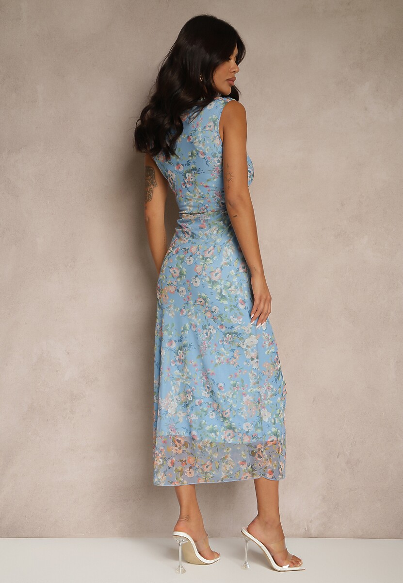 Niebieska Sukienka o Taliowanym w Kwiatowy Wzór Lirandra