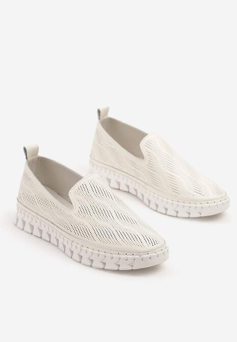 Beżowe Tenisówki ze Skóry Naturalnej Zdobione Perforacją Gonessea