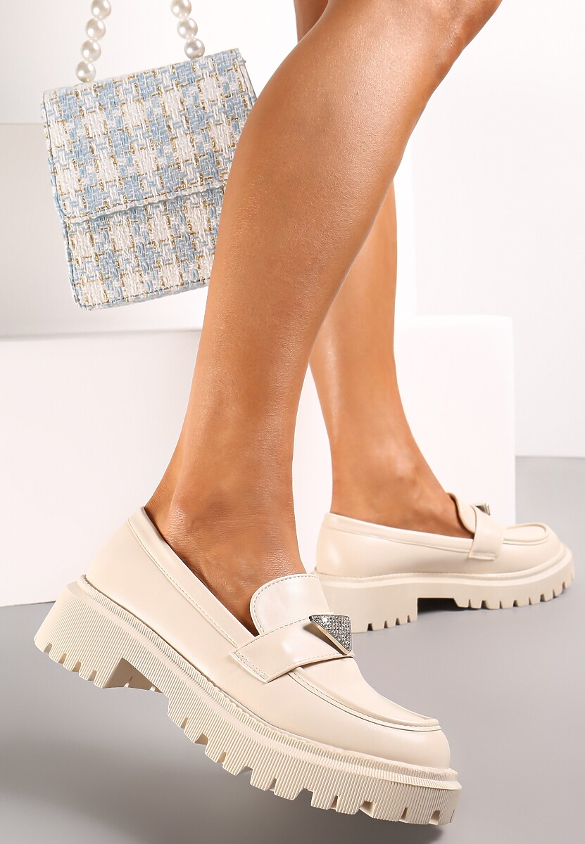 Beżowe Mokasyny na Grubej Podeszwie Ozdobione Cyrkoniami Mavalis