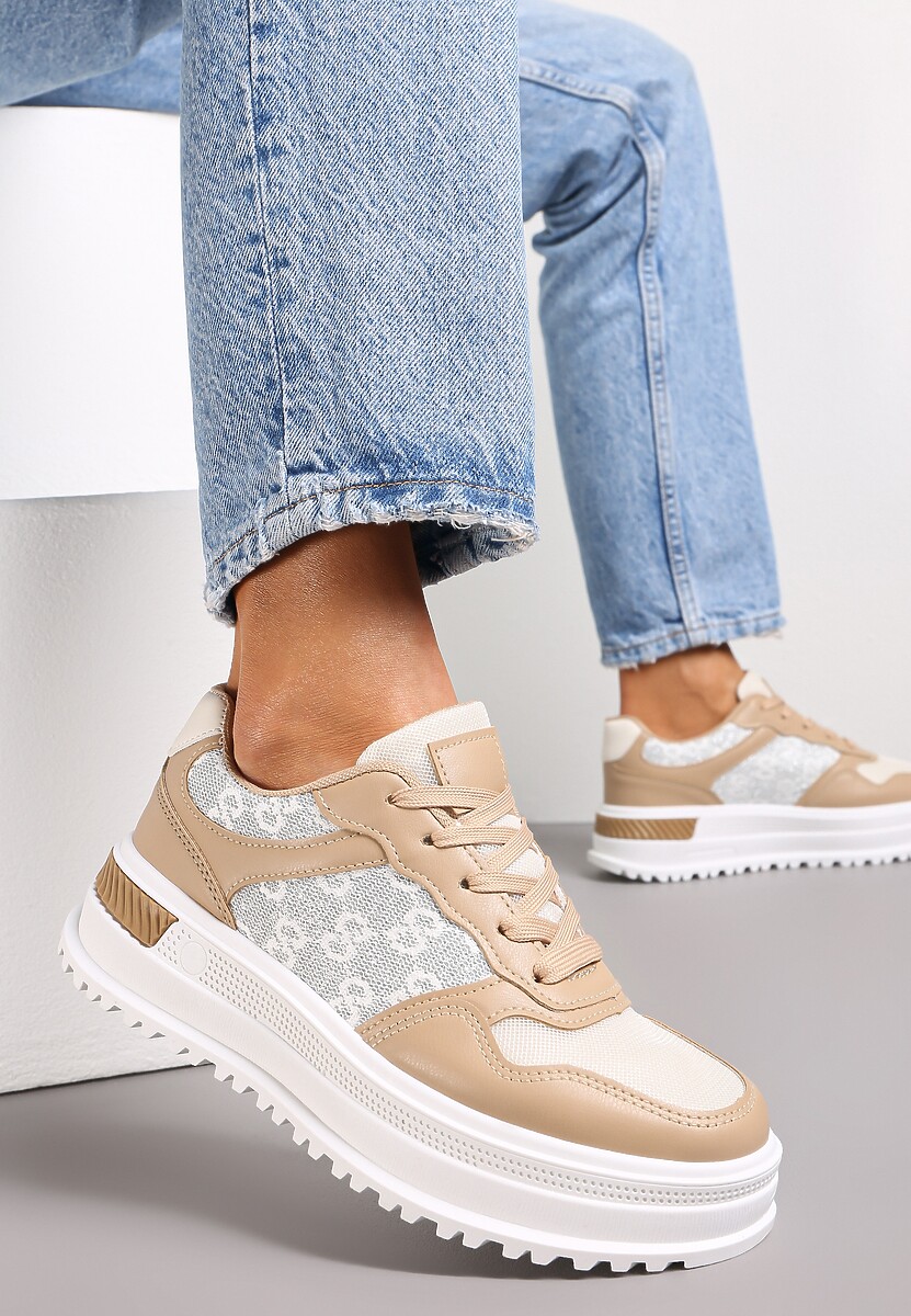 Czarne Sznurowane Sneakersy z Brokatem  na Grubej Podeszwie z Wycięciami Amena