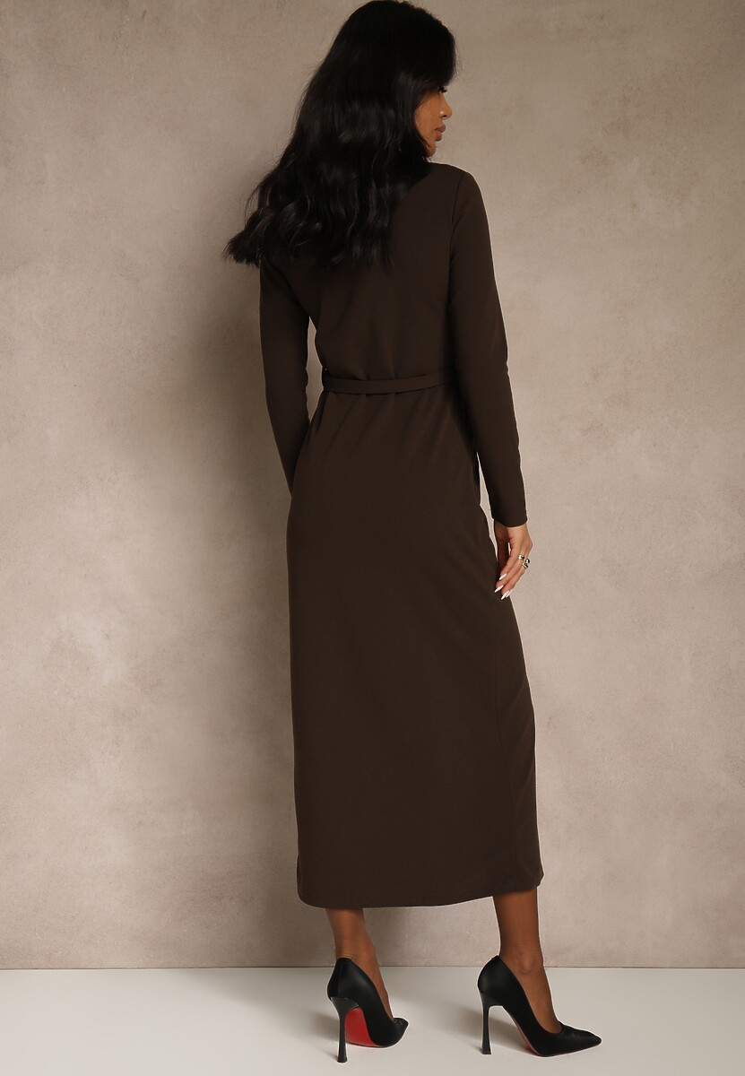 Brązowa Koszulowa Sukienka z Wiskozą Ozdobiona Paskiem i Guzikami Vetionna