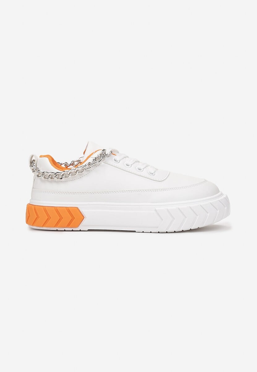 Biało-Pomarańczowe Sneakersy na Tłoczonej Platformie Ozdobione Łańcuchem Jaihini
