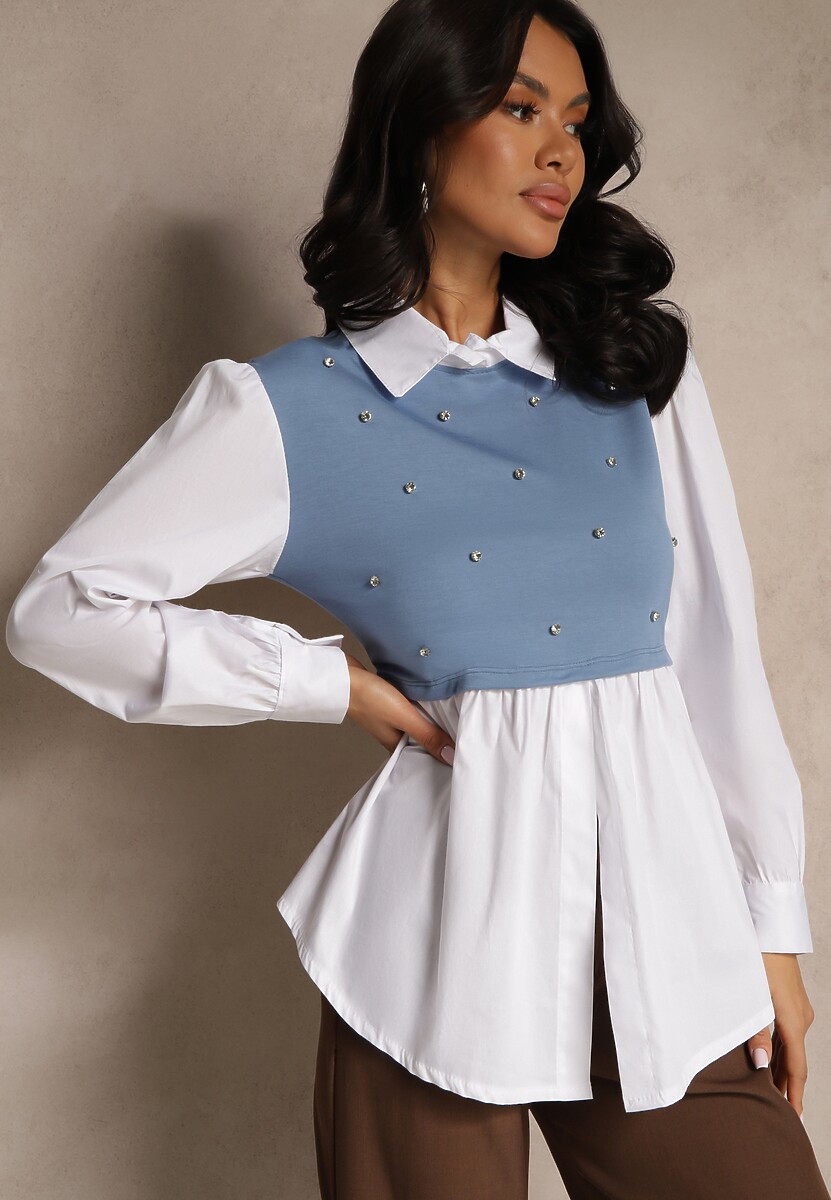 Niebieska Koszulowa Bluzka z Wiskozą o Rozkloszowanym Kroju z Wszytą Kamizelką Uliadorella