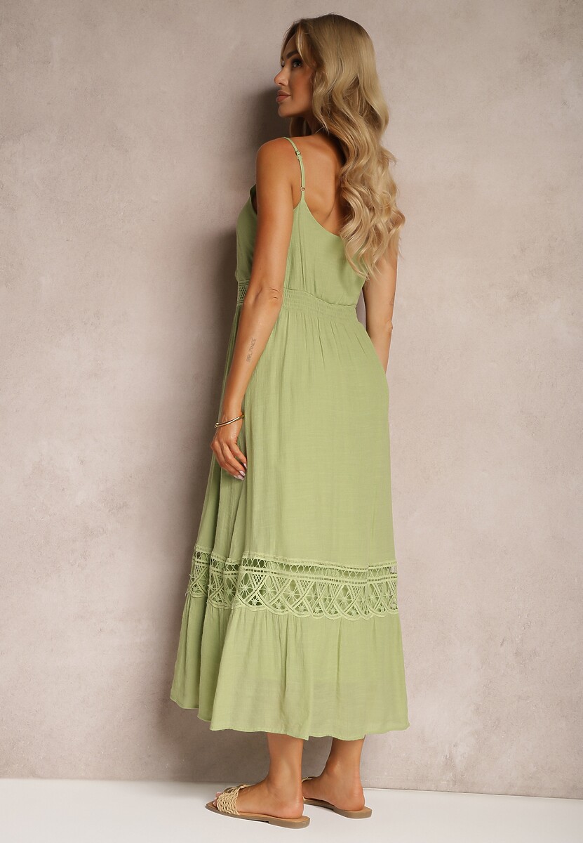 Zielona Sukienka z Wiskozą na Ramiączkach z Regulacją z Koronką i Gumką w Pasie Pealea