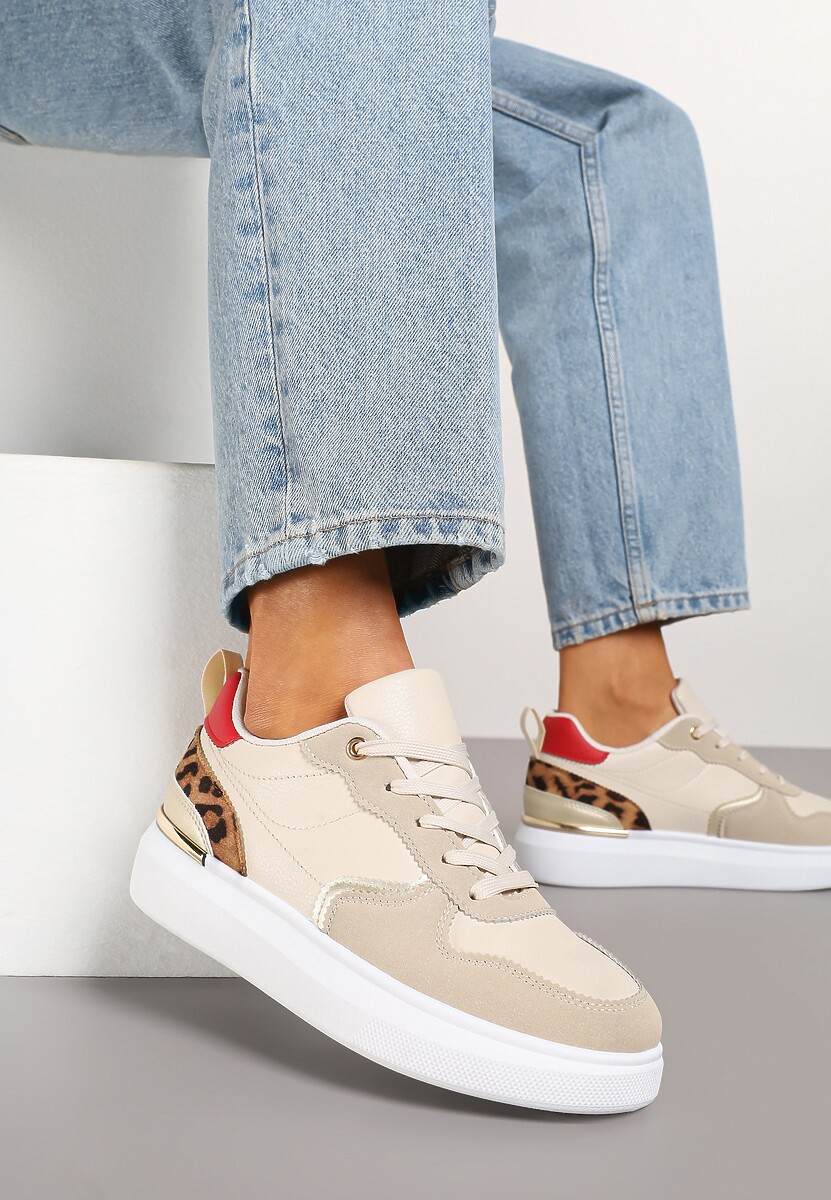 Beżowe Sneakersy z Metalicznymi Aplikacjami Ozdobione Wzorem w Panterkę Terlexia