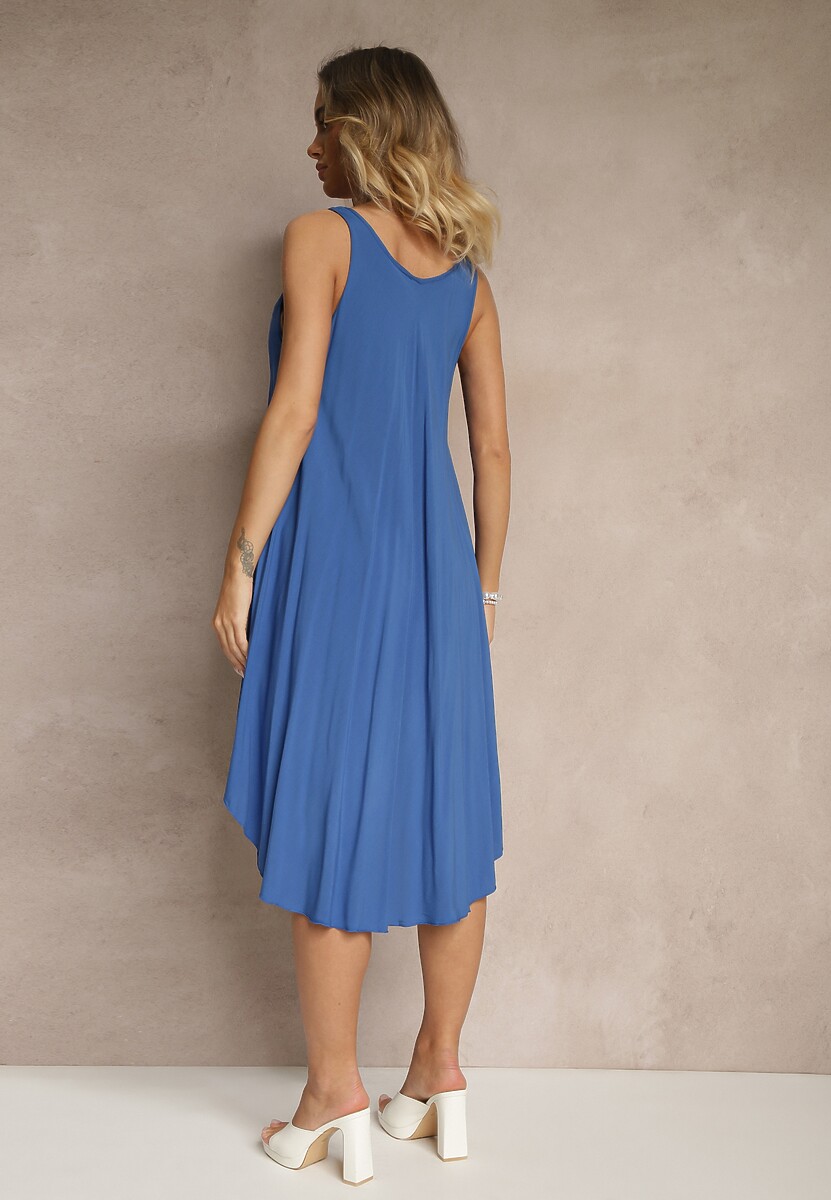 Granatowa Bawełniana Sukienka z Okrągłym Dekoltem o Rozkloszowanym Kroju Tesavette