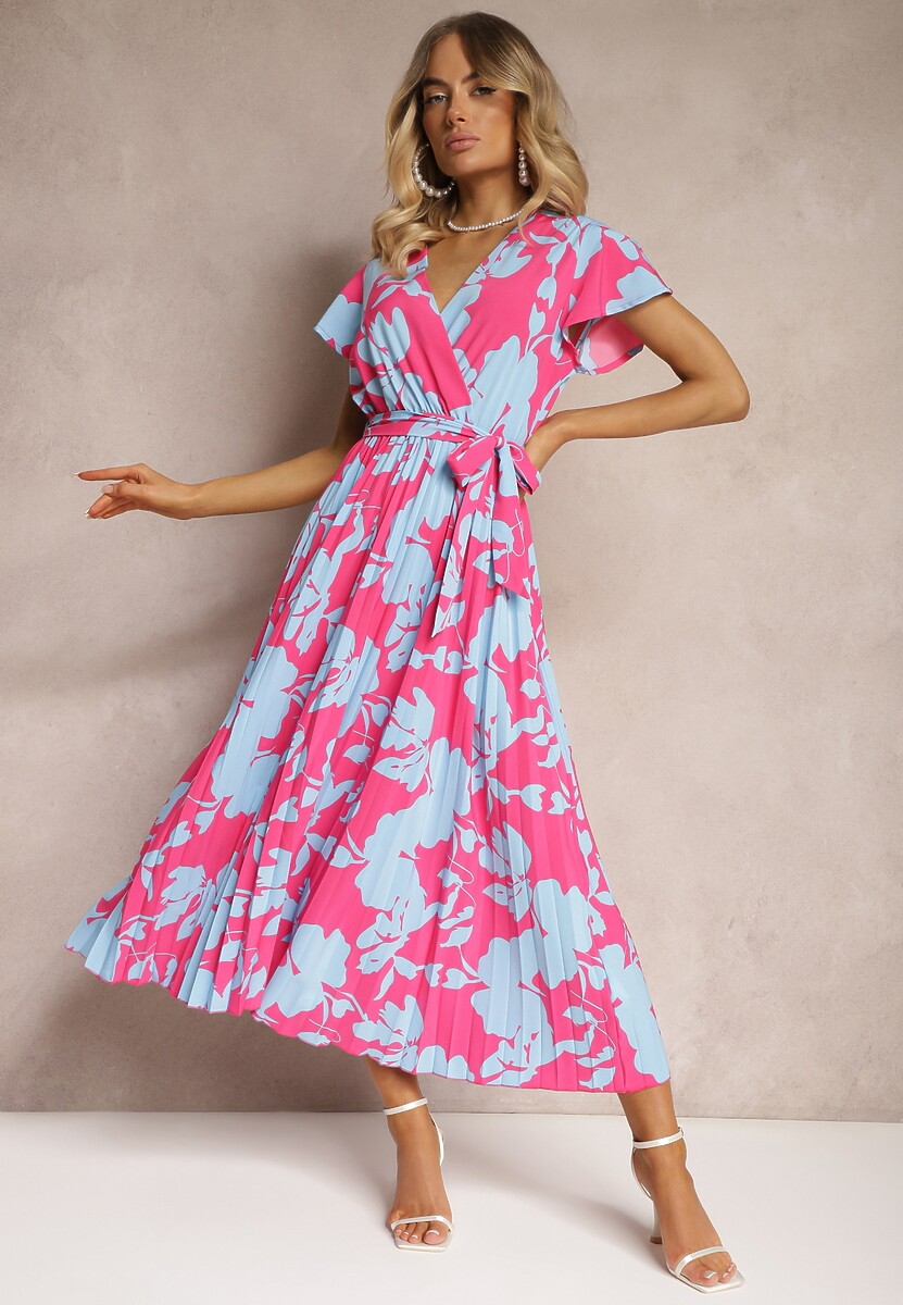 Różowo-Niebieska Kopertowa Plisowana Sukienka Koktajlowa z Gumką i Paskiem w Talii Benelsea