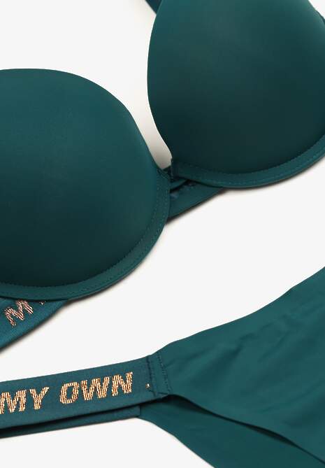 Ciemnozielony Komplet Ozdobiony Napisami z Biustonoszem z Efektem Push-Up i Majtkami Bralicia