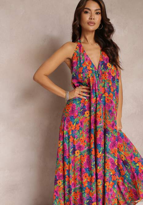 Różowa Kwiecista Sukienka Maxi z Wiskozy z Wiązaniem na Szyi i Plecach Lunka