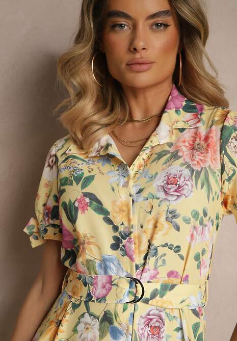 Żółta Koszulowa Sukienka w Kwiaty o Rozkloszowanym Fasonie z Paskiem Fevalirra