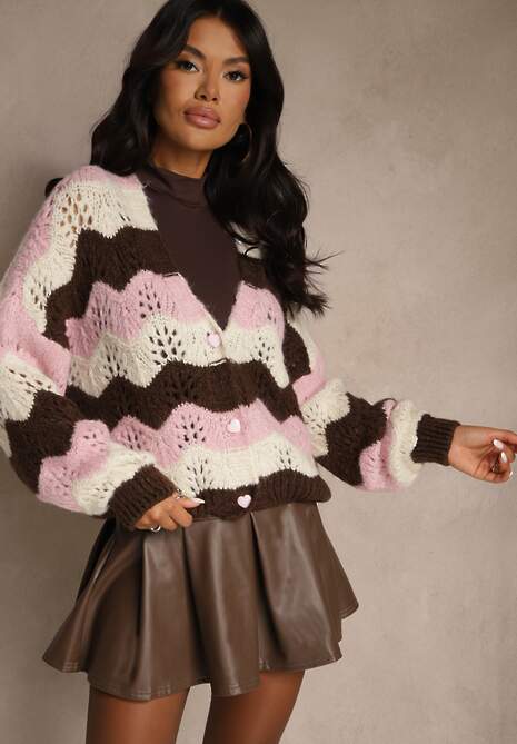 Różowy Kardigan z Domieszką Wełny i Wiskozy o Ażurowym Splocie Esina