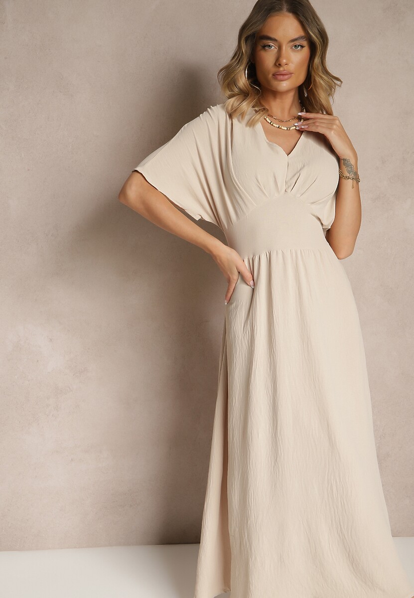 Jasnobeżowa Sukienka o Rozkloszowanym Kroju z Gumką w Talii Iffine