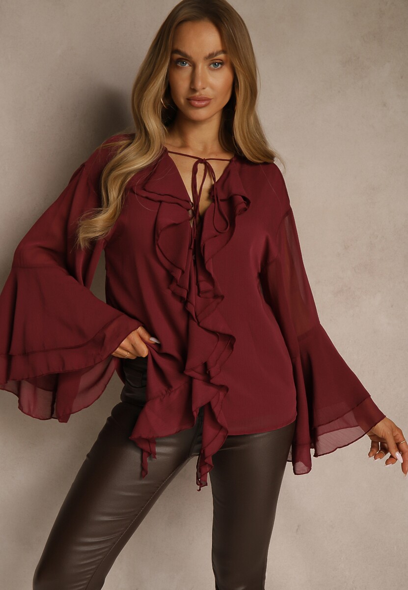 Brązowa Rustykalna Bluzka Zdobiona Falbankami i Wiązaniem przy Dekolcie Nerianna