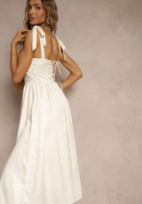 Jasnobeżowa Sukienka Vices o Rozkloszowanym Kroju z Wiązanymi Ramiączkami Natirise