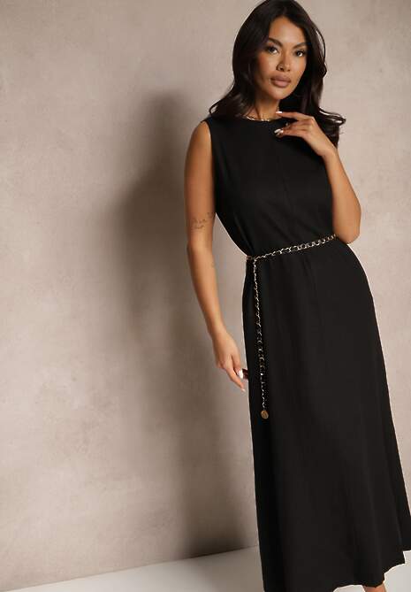 Czarna Sukienka z Wiskozą i Lnem o Pudełkowym Kroju z Rozcięciem z Tyłu Elvivis