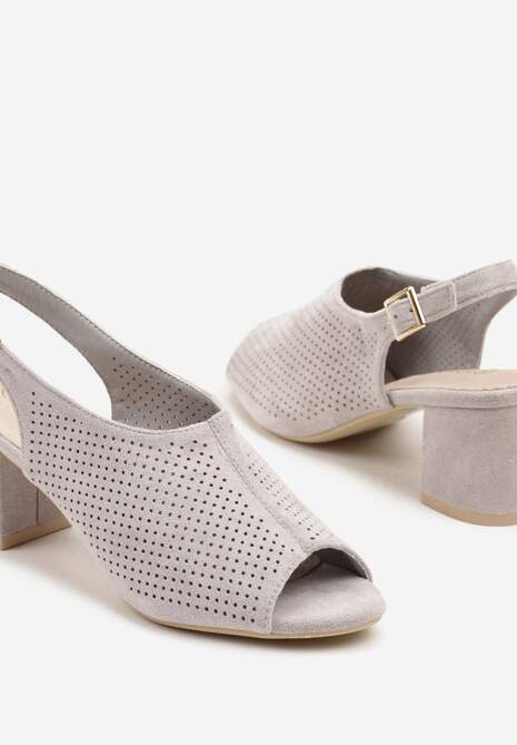 Szare Sandały na Słupku ze Skórzaną Wkładką i Ażurową Cholewką Telesetia