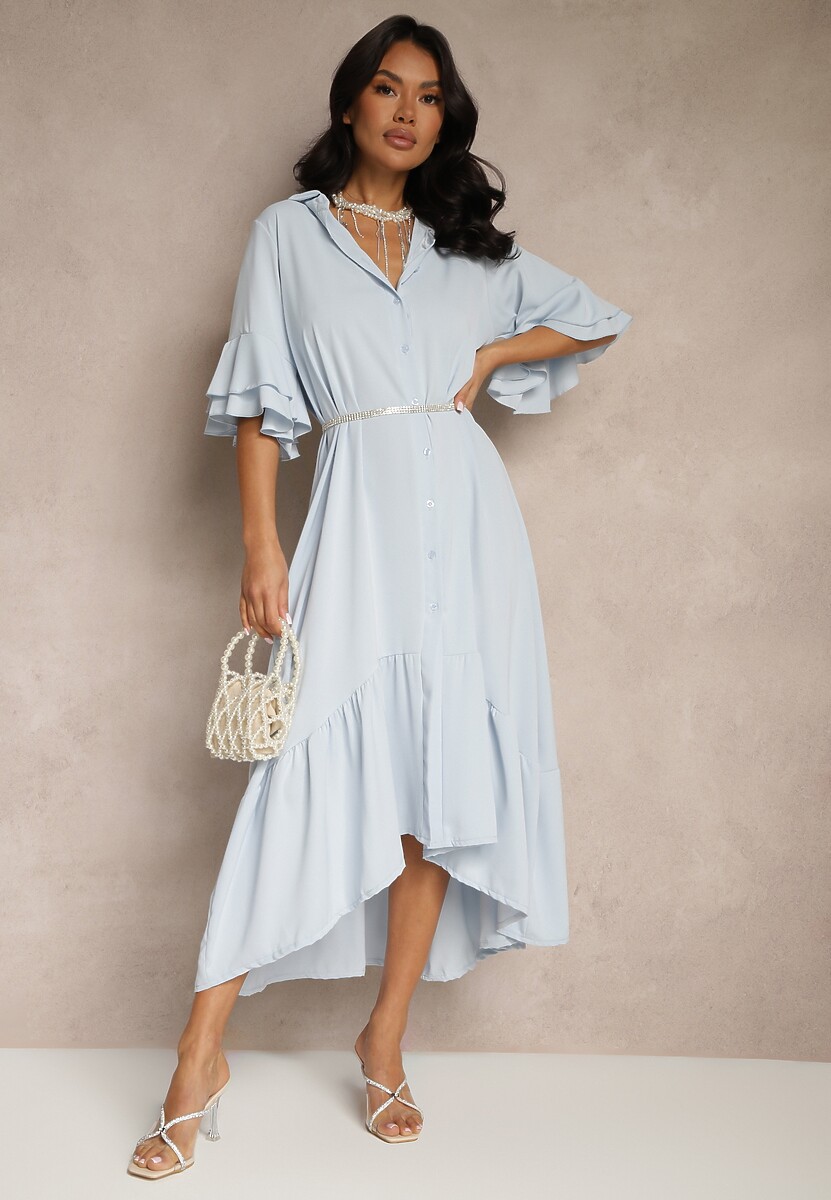 Jasnoniebieska Koszulowa Sukienka Ozdobiona Falbanką Ransara