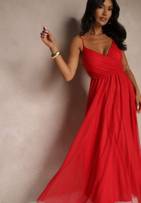 Czerwona Sukienka Koktajlowa Ozdobiona Tiulowym Materiałem Deviora