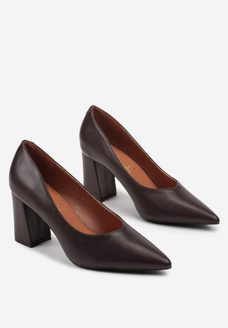 Ciemnobrązowe Czółenka Vices na Geometrycznym Słupku ze Skórzaną Wkładką Modvire