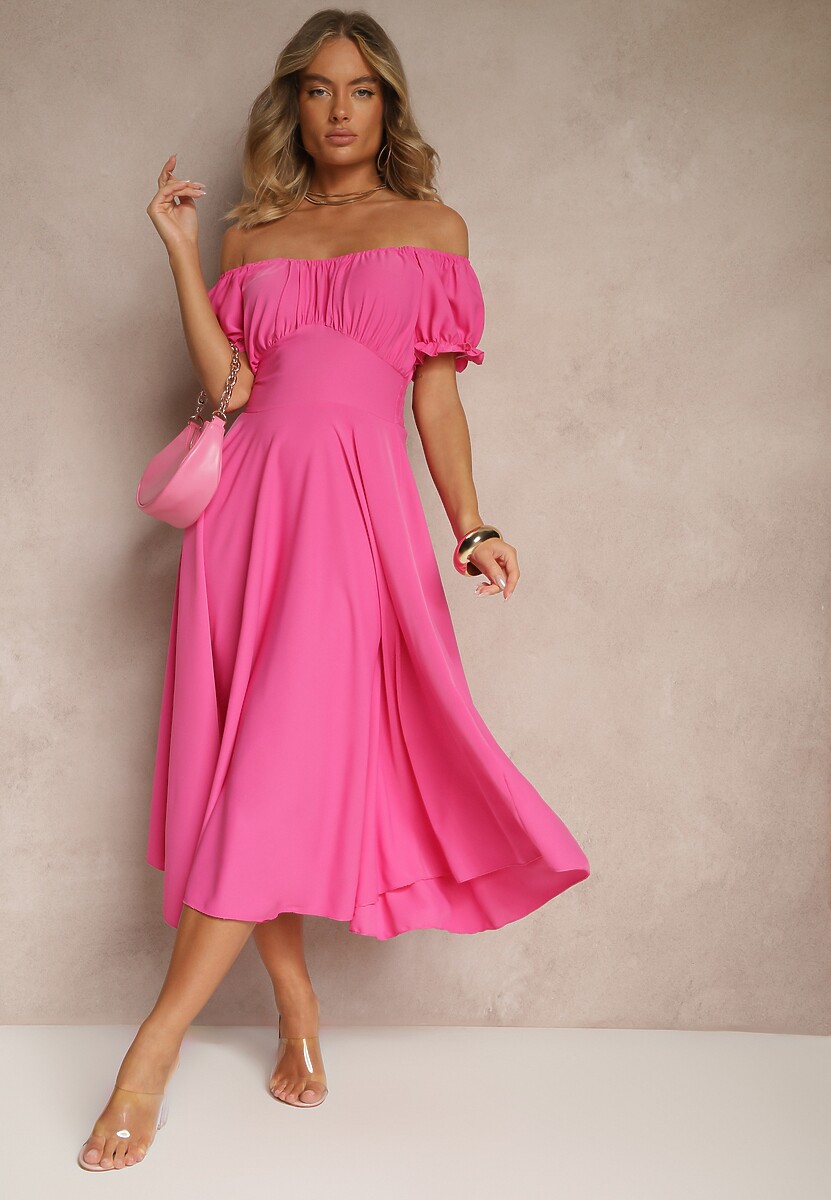 Beżowa Sukienka Hiszpanka z Bawełną Ozdobiona Bufkami Lunoria