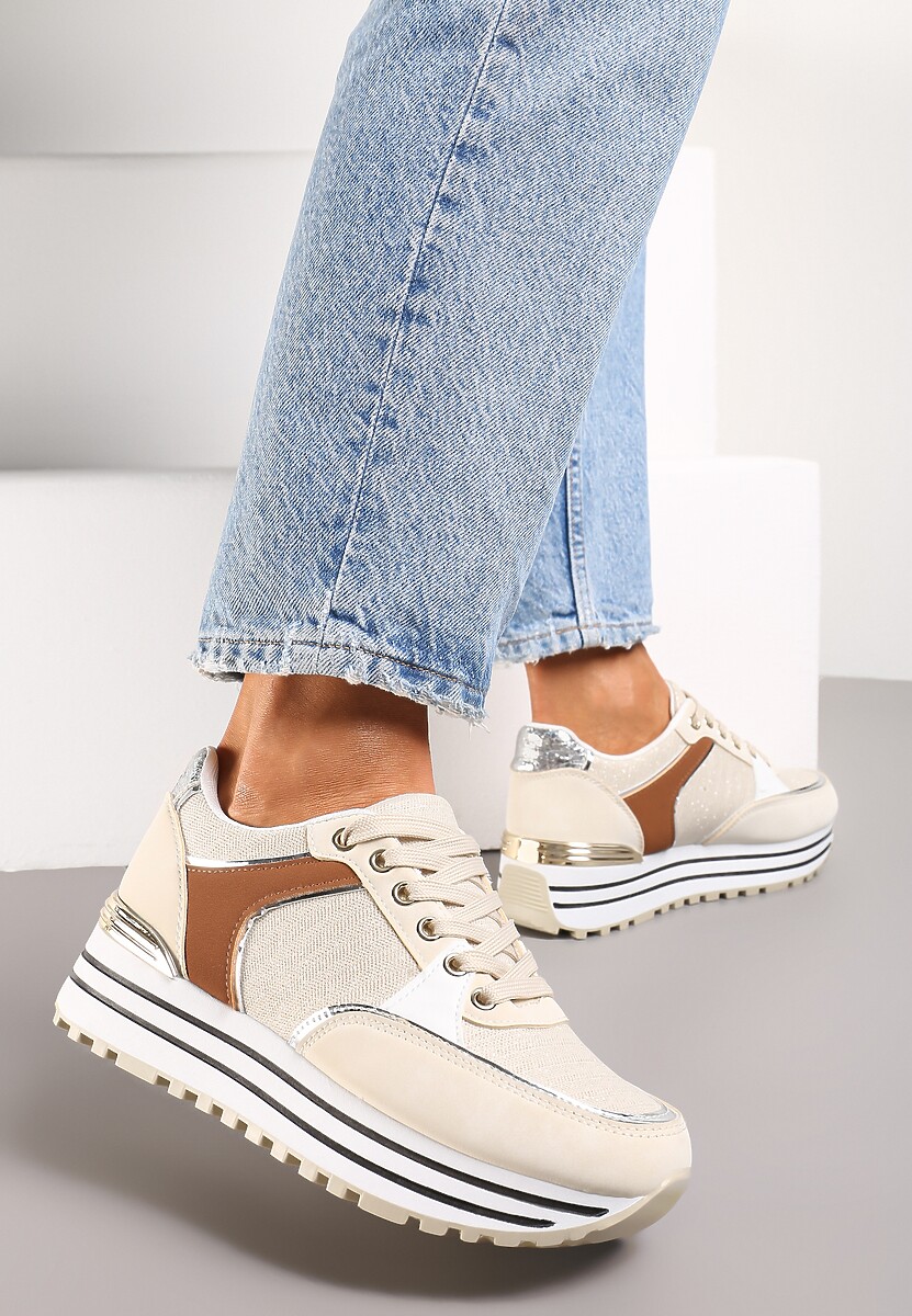 Ciemnobeżowe Sneakersy z Brokatową Dzianinową Wstawką Atobia