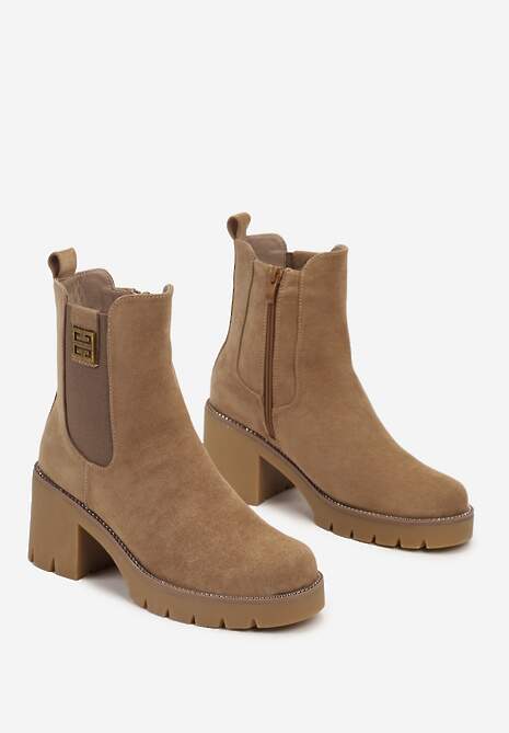 Ciemnobeżowe Botki w Stylu Sztybletów Ozdobione Geometryczną Aplikacją i Gumką Valzina