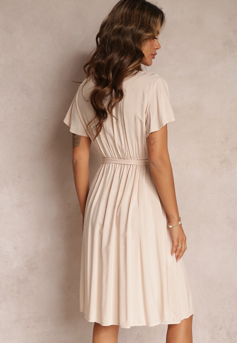Beżowa Rozkloszowana Sukienka Midi z Wiązanym Paskiem Elemia