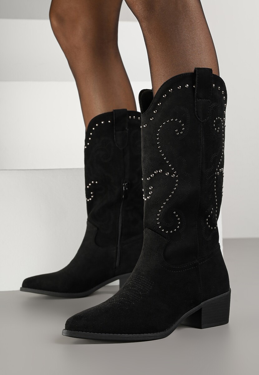 Czarne Kozaki Kowbojki na Słupku z Nitami i Haftem przy Cholewce Nuvitta