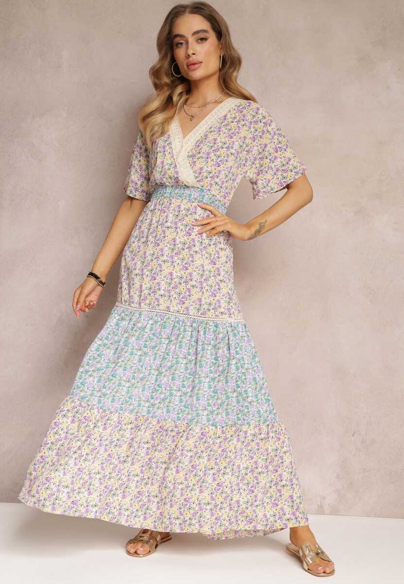 Niebiesko-Miętowa Kopertowa Sukienka Maxi z Marszczoną Gumką w Pasie i Koronkową Taśmą Marea