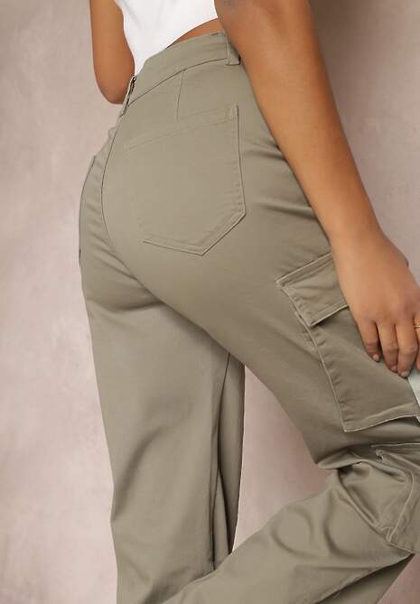 Ciemnozielone Jeansy Cargo z Kieszeniami i Taśmami Vinlis