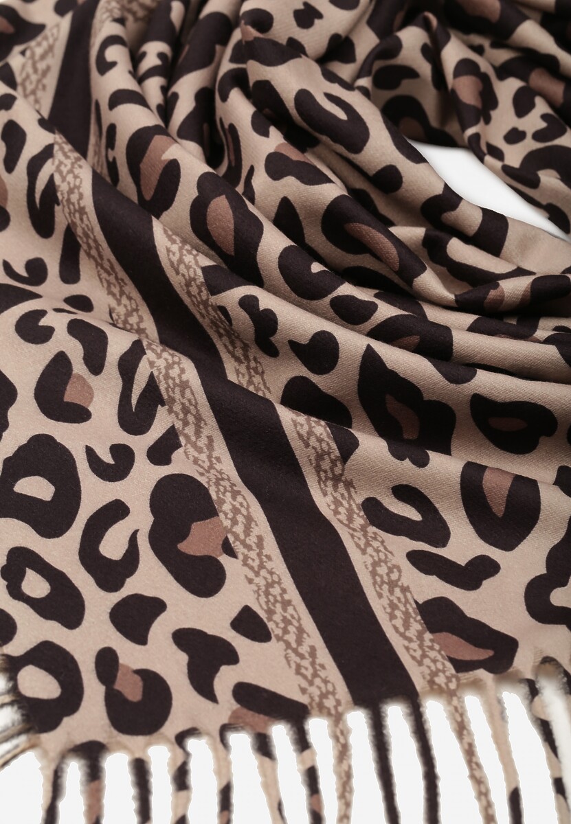 Brązowy Wiskozowy Szalik w Panterkę Wykończony Frędzlami Alefera
