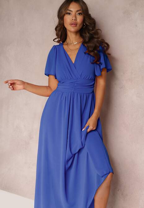 Niebieska Rozkloszowana Sukienka z Kopertowym Dekoltem Obillis