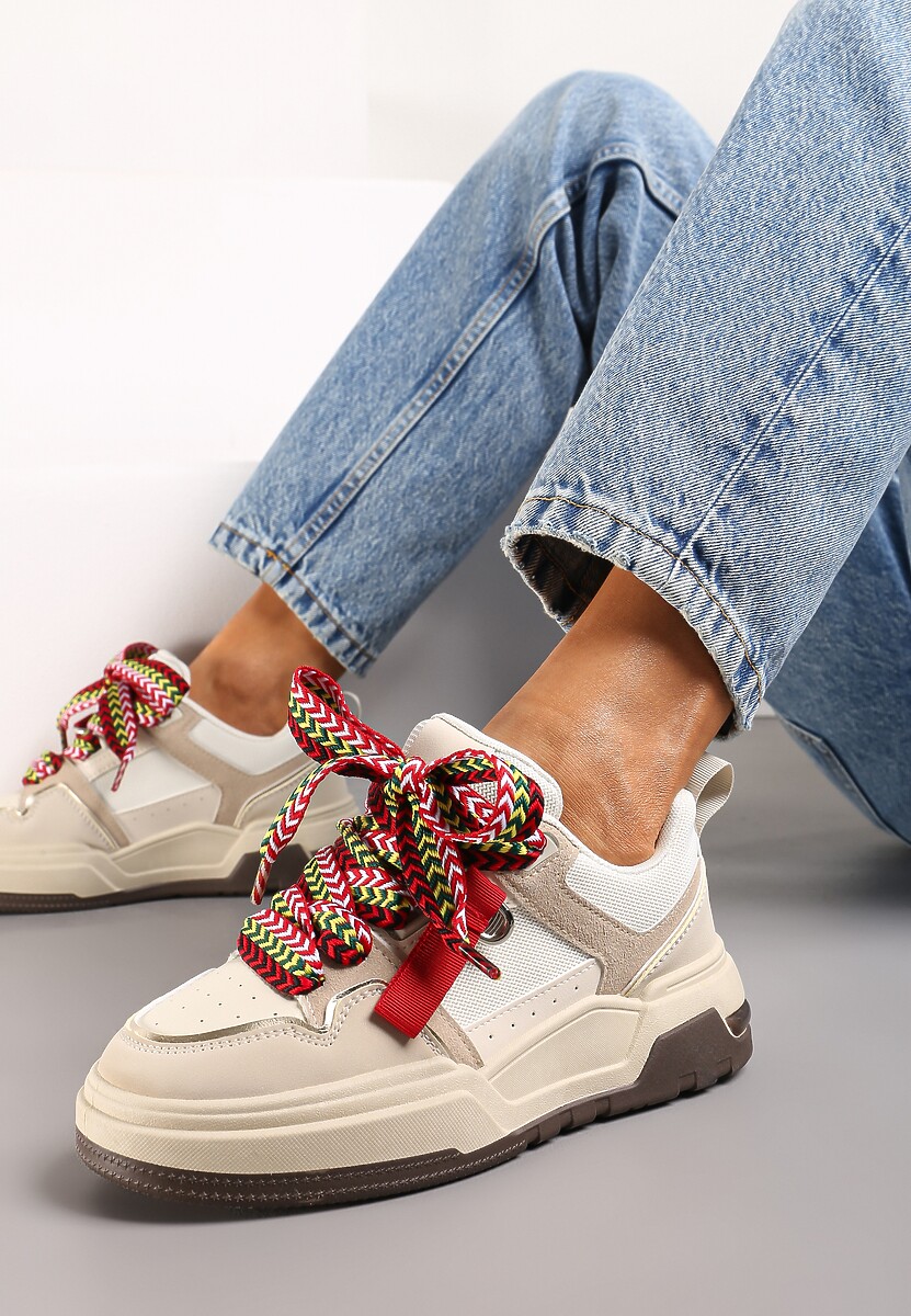 Czarne Sneakersy na Płaskiej Podeszwie z Grubymi Sznurówkami i Przeszyciami Joliat