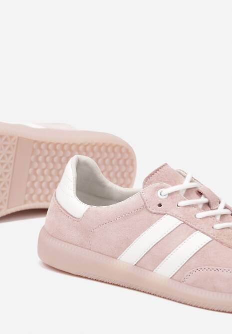 Różowe Płaskie Sneakersy ze Skóry Naturalnej z Ozdobnymi Paskami Nelarielis