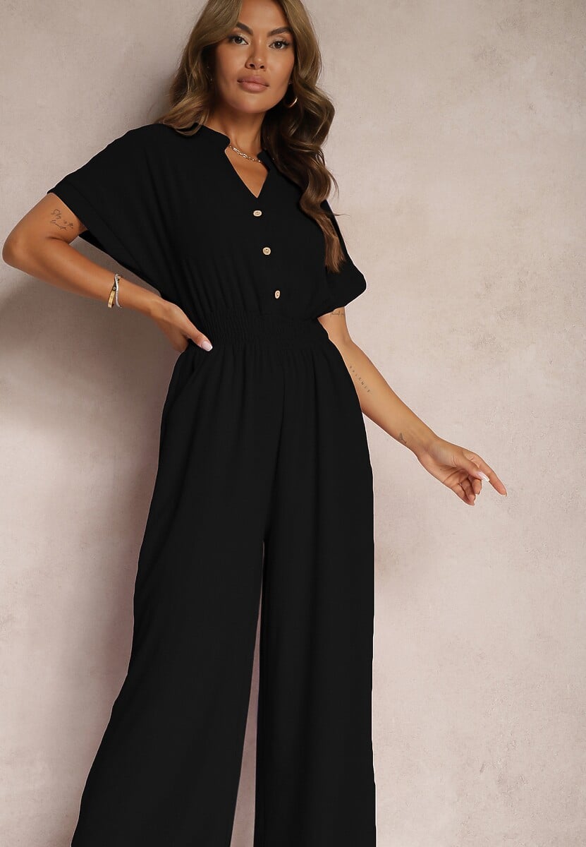 Czarny Taliowany Kombinezon z Wiskozy Zapinany na Guziki Frisea