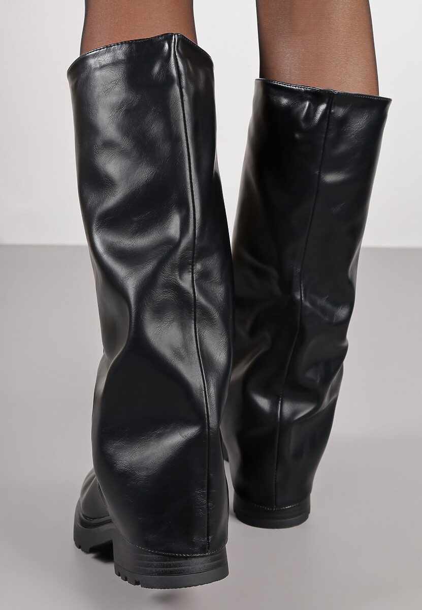 Czarne Kozaki Ozdobione Wywiniętą Marszczoną Cholewką Elffie