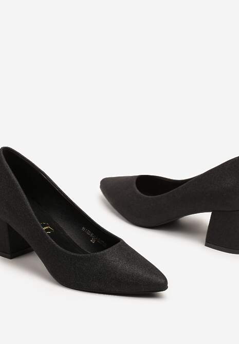 Czarne Czółenka Vices na Słupku z Brokatem ze Skórzaną Wkładką Izahelia