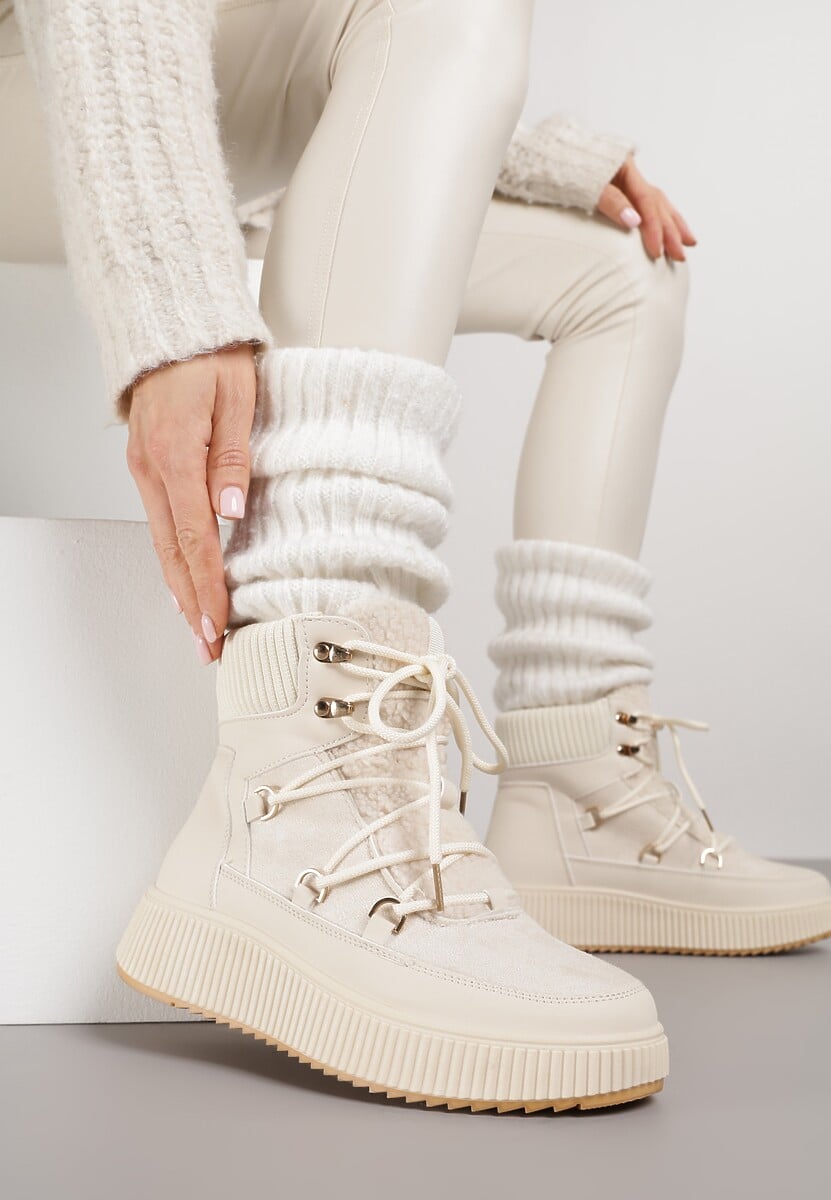 Beżowe Śniegowce Trapery Vices na Płaskiej Podeszwie z Futerkiem w Stylu Baranka ze Sznurowaniem Temirits