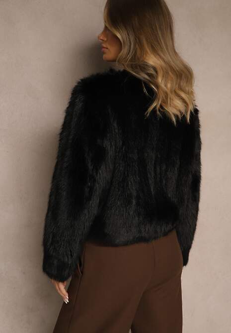 Czarna Kurtka Futerko o Prostym Fasonie z Okrągłym Dekoltem Iddane