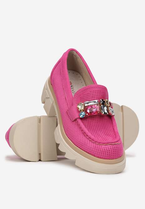 Fuksjowe Mokasyny z Kryształami i Wkładką ze Skóry Naturalnej Zaidy