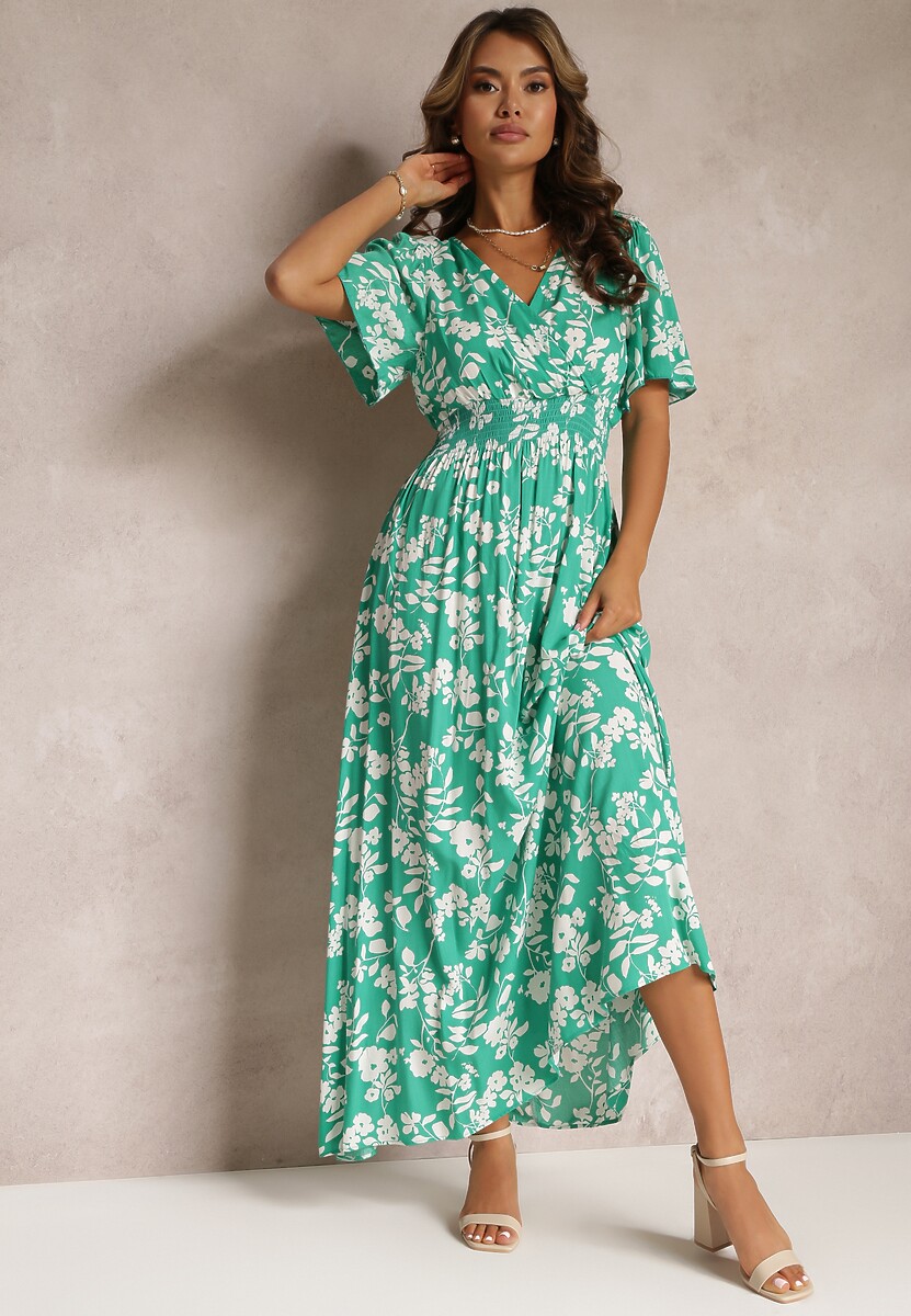 Zielona Kopertowa Sukienka Maxi z Gumką w Pasie i Wiązaniem na Plecach Dangela