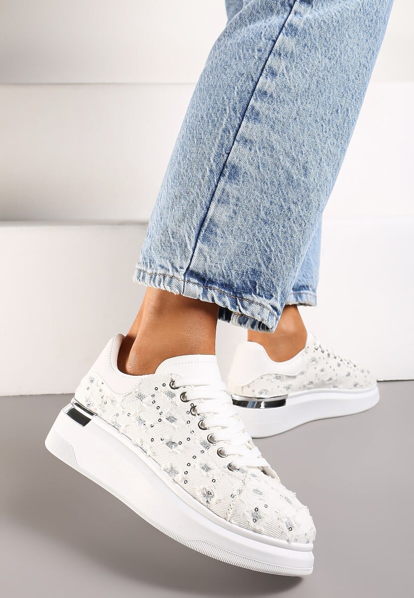 Beżowe Sneakersy na Platformie Ozdobione Metaliczną Wstawką Przetarciami oraz Brokatem Sorlina