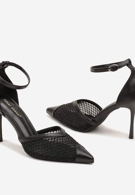 Czarne Szpilki ze Szpiczastym Noskiem i Paskiem ze Sprzączką Zdobione Cyrkoniami Nolamia