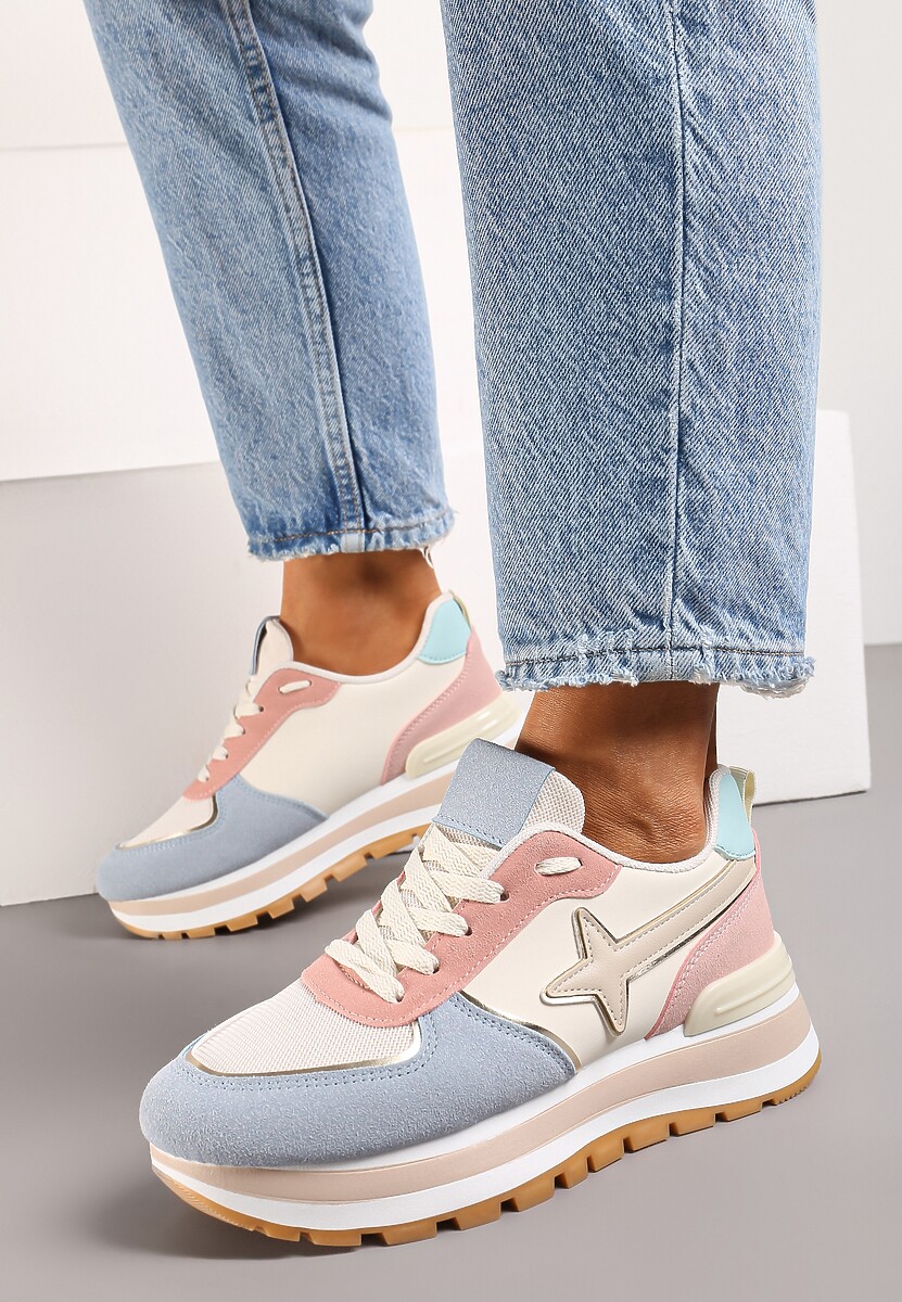 Niebiesko-Różowe Sneakersy na Niskiej Platformie z Ozdobnymi Wstawkami na Cholewce Suno
